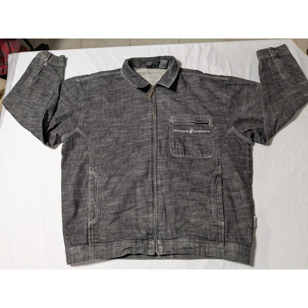 VTG ROCAWEAR Men‎ 2XL Black Heather Denim  Full Zip Jean Jacket